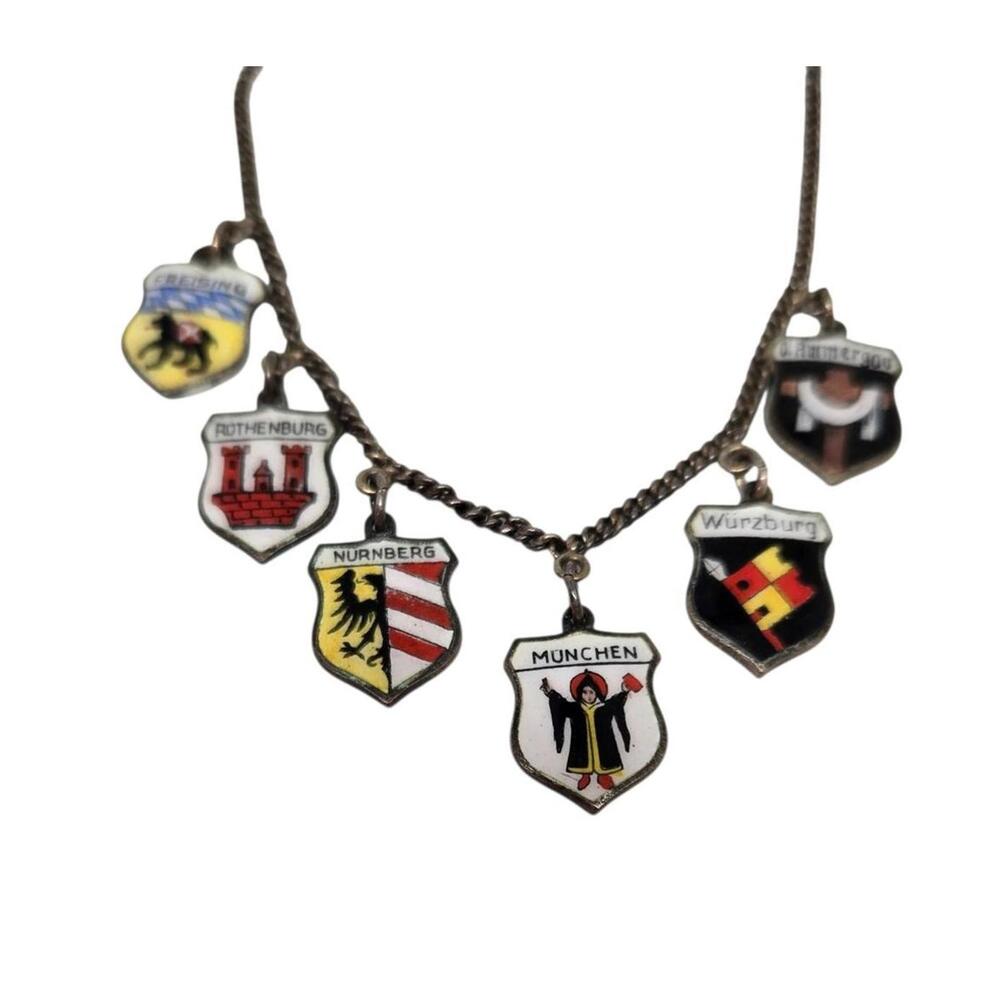 Vintage German City Crest Charm BRACELET, SIX ENAMEL TRAVEL SOUVENIR 800 SILVER
